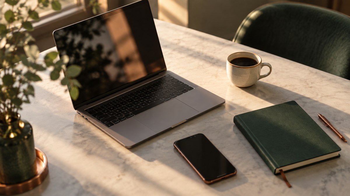 Mesa de trabalho com notebook, celular, café e caderno, luz quente de fim de tarde