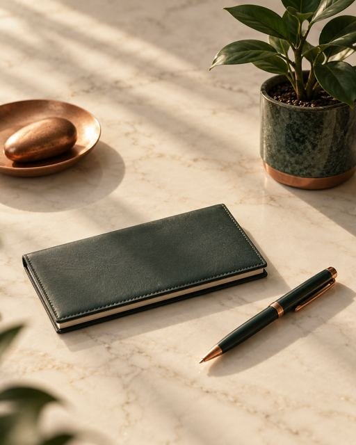 Caderno de couro verde, caneta cobre e planta sobre mármore